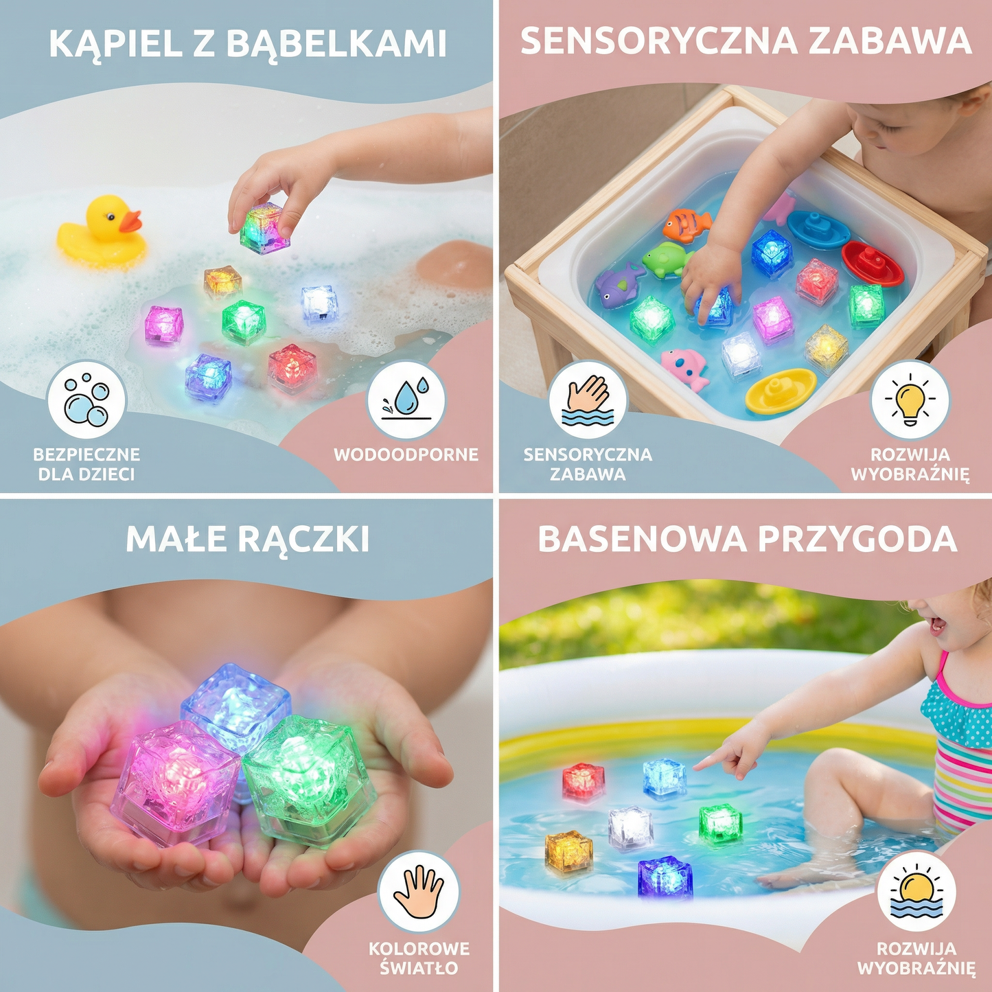 Świecące kostki do kąpieli – zabawka dla dzieci, zestaw 6 sztuk